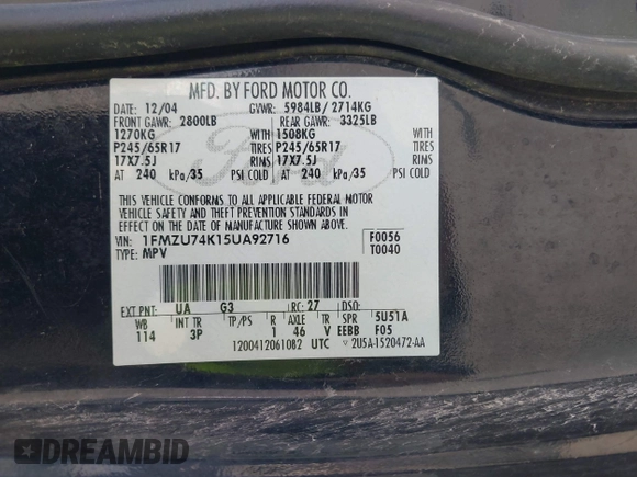 2005 Ford Explorer Eddie Bauer с VIN 1FMZU74K15UA92716, выставлен на аукционе IAAI как лот 42022695 с пробегом 191 424 миль миль и . История ставок и продаж доступна на DreamBid. Изображение 9.
