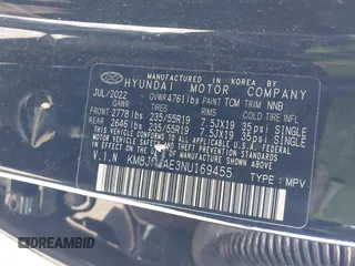 2022 Hyundai Tucson XRT with VIN KM8JFCAE3NU169455, listed as a IAAI auction lot 41844296 with 46,377 mi miles and . Bid and sale history available at carsss.com. Image 9.