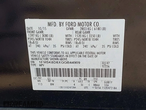 2016 Ford Explorer XLT with VIN 1FM5K8D8XGGB44909, listed as a IAAI auction lot 42056322 with 147,143 mi miles and . Bid and sale history available at carsss.com. Image 9.