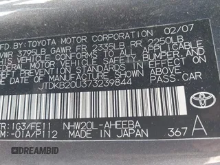 2007 Toyota Prius with VIN JTDKB20U373239844, listed as a IAAI auction lot 42017426 with 156,346 mi miles. Bid and sale history available at carsss.com. Image 9.