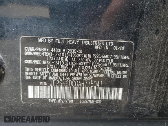 2010 Subaru Forester X Limited with VIN JF2SH6DC0AH775041, listed as a Copart auction lot 62475045 with 190,901 mi miles and Salvage title. Bid and sale history available at DreamBid. Image 12.