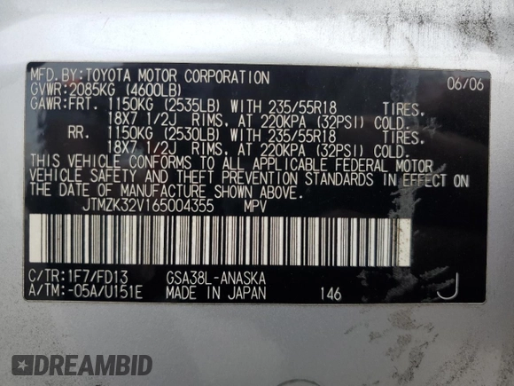 2006 Toyota RAV4 Sport with VIN JTMZK32V165004355, listed as a Copart auction lot 61641575 with 176,180 mi miles and Salvage title. Bid and sale history available at DreamBid. Image 14.