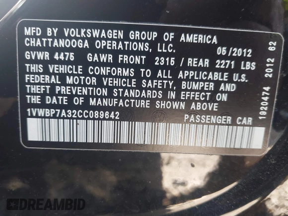 2012 Volkswagen Passat SE z VIN 1VWBP7A32CC089642, wystawiony jako IAAI lot #42056630 z przebiegiem 109 913 mil mil oraz . Historia ofert i sprzedaży dostępna na DreamBid. Obrazek 9.