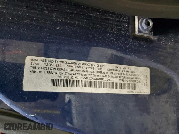 2011 Volkswagen Jetta TDI с VIN 3VWLL7AJ6BM110522, выставлен на аукционе Copart как лот 45751225 с пробегом 180 310 миль миль и Списание • Salvage title. История ставок и продаж доступна на DreamBid. Изображение 12.