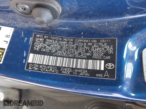 2011 Toyota Prius I with VIN JTDKN3DU4B1364346, listed as a IAAI auction lot 41607932 with 216,801 mi miles and . Bid and sale history available at DreamBid. Image 9.