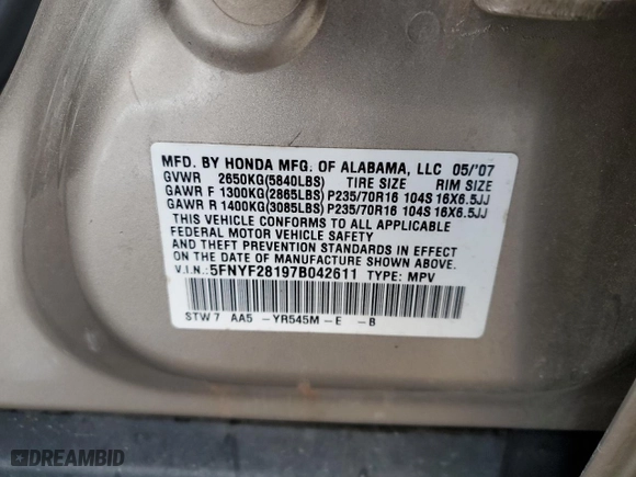 2007 Honda Pilot LX with VIN 5FNYF28197B042611, listed as a Copart auction lot 45709445 with 163,573 mi miles and Salvage Title. Bid and sale history available at carsss.com. Image 13.