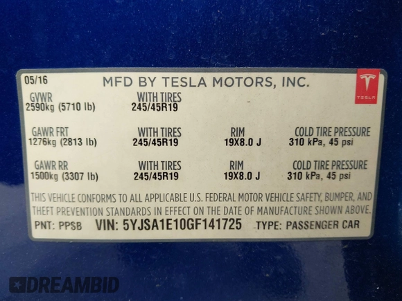 2016 Tesla Model S 70 with VIN 5YJSA1E10GF141725, listed as a IAAI auction lot 41878171 with 119,025 mi miles and . Bid and sale history available at DreamBid. Image 9.