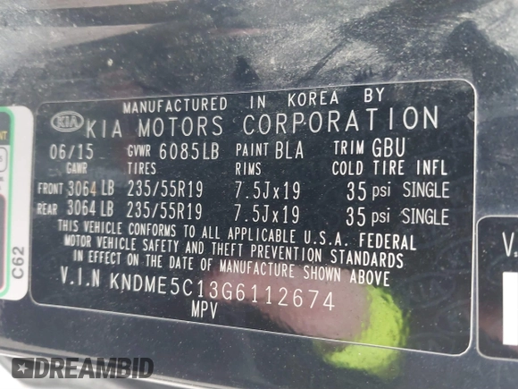 2016 Kia Sedona SX-L with VIN KNDME5C13G6112674, listed as a IAAI auction lot 41711275 with 154,337 mi miles and . Bid and sale history available at carsss.com. Image 9.