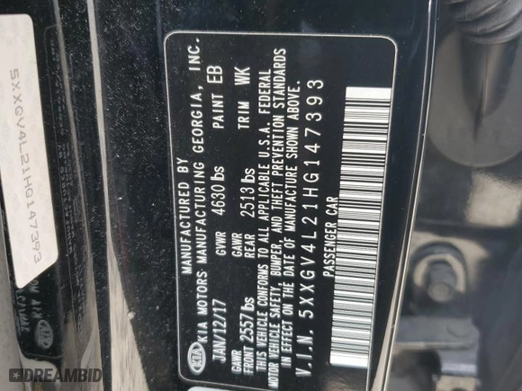 2017 Kia Optima SX Limited with VIN 5XXGV4L21HG147393, listed as a Copart auction lot 44544315 with 189,016 mi miles and Clean Title. Bid and sale history available at carsss.com. Image 12.