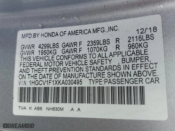 2019 Honda Accord Sedan LX 1.5T with VIN 1HGCV1F1XKA030495, listed as a Copart auction lot 51891955 with 111,641 mi miles and Salvage Title. Bid and sale history available at carsss.com. Image 13.