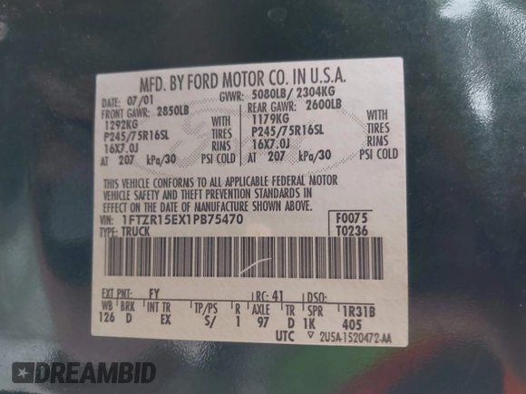 2001 Ford Ranger XL Fleet with VIN 1FTZR15EX1PB75470, listed as a IAAI auction lot 41833450 with 140,579 mi miles. Bid and sale history available at carsss.com. Image 9.