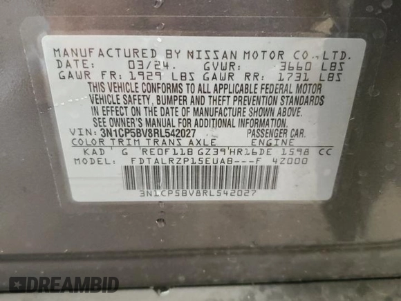 2024 Nissan Kicks S with VIN 3N1CP5BV8RL542027, listed as a Copart auction lot 42839065 with 7,320 mi miles and Salvage Title. Bid and sale history available at DreamBid. Image 13.
