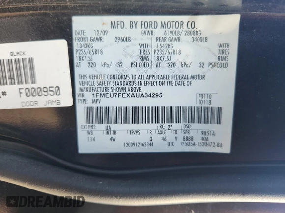 2010 Ford Explorer Limited с VIN 1FMEU7FEXAUA34295, выставлен на аукционе Copart как лот 65576445 с пробегом 246 474 миль миль и Чистый • Clean title. История ставок и продаж доступна на DreamBid. Изображение 13.