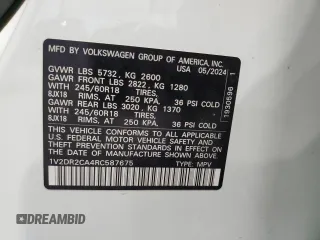 2024 Volkswagen Atlas SE с VIN 1V2DR2CA4RC587675, выставлен на аукционе Copart как лот 55199925 с пробегом 20 066 миль миль и Списание • Salvage title. История ставок и продаж доступна на DreamBid. Изображение 13.
