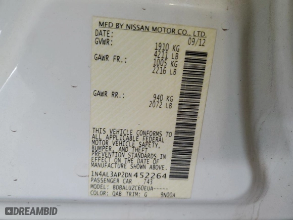 2013 Nissan Altima 2.5 SV with VIN 1N4AL3AP2DN452264, listed as a Copart auction lot 48031185 with 166,042 mi miles and Salvage Title. Bid and sale history available at carsss.com. Image 12.