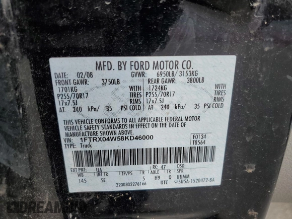 2008 Ford F-150 STX with VIN 1FTRX04W58KD46000, listed as a Copart auction lot 51793725 with 128,845 mi miles and Non Repairable. Bid and sale history available at carsss.com. Image 12.