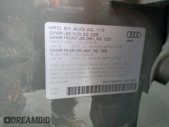 2020 Audi Q3 S line Premium with VIN WA1DECF32L1047366, listed as a Copart auction lot 48927274 with 0 mi miles and Salvage Title. Bid and sale history available at carsss.com. Image 13.