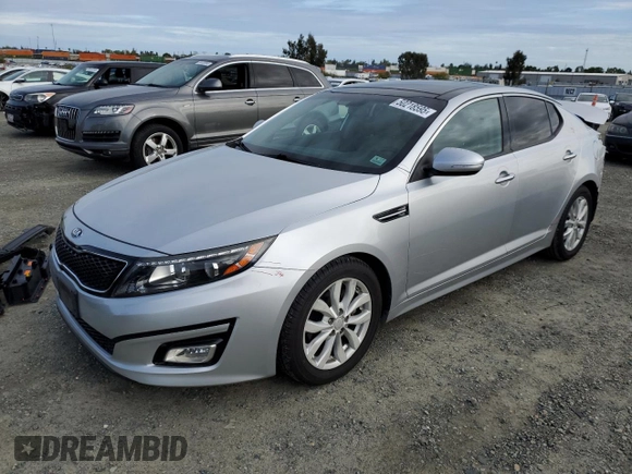 2015 Kia Optima EX with VIN 5XXGN4A75FG505073, listed as a Copart auction lot 50218595 with 77,199 mi miles and Salvage Title. Bid and sale history available at carsss.com. Image 1.