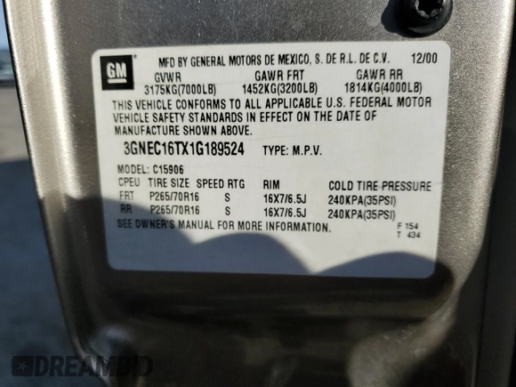 2001 Chevrolet Suburban LS with VIN 3GNEC16TX1G189524, listed as a Copart auction lot 47223945 with 193,201 mi miles and Salvage Title. Bid and sale history available at carsss.com. Image 13.