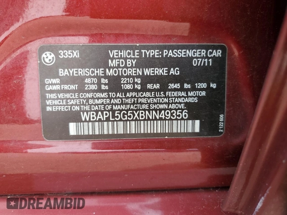 2011 BMW 3 Series 335i xDrive with VIN WBAPL5G5XBNN49356, listed as a Copart auction lot 60709805 with Not provided miles and Salvage title. Bid and sale history available at DreamBid. Image 12.