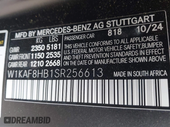 2025 Mercedes-Benz C 43 AMG with VIN W1KAF8HB1SR256613, listed as a IAAI auction lot 42376954 with 1,570 mi miles and . Bid and sale history available at DreamBid. Image 9.