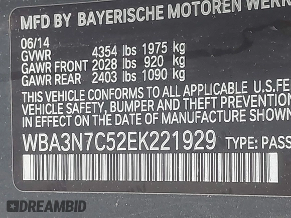 2014 BMW 4 Series 428i with VIN WBA3N7C52EK221929, listed as a IAAI auction lot 42530110 with 126,828 mi miles and . Bid and sale history available at DreamBid. Image 9.