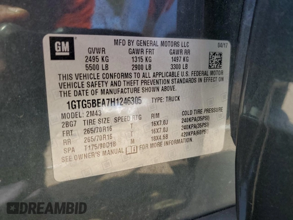 2017 GMC Canyon 2WD with VIN 1GTG5BEA7H1246305, listed as a Copart auction lot 46654165 with 105,915 mi miles and Salvage Title. Bid and sale history available at carsss.com. Image 12.