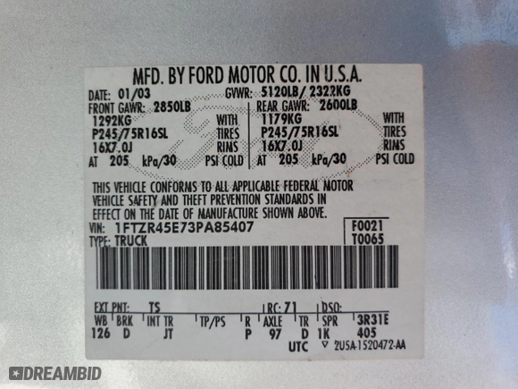 2003 Ford Ranger XL Fleet with VIN 1FTZR45E73PA85407, listed as a Copart auction lot 49923555 with 102,612 mi miles and Salvage Title. Bid and sale history available at carsss.com. Image 13.