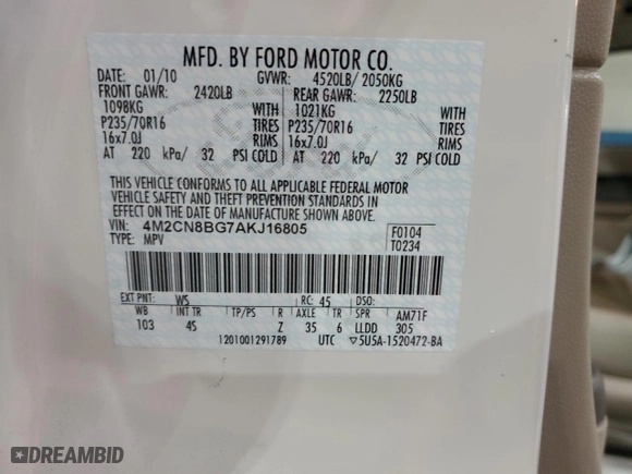2010 Mercury Mariner with VIN 4M2CN8BG7AKJ16805, listed as a Copart auction lot 53829505 with 120,540 mi miles and Clean Title. Bid and sale history available at carsss.com. Image 13.