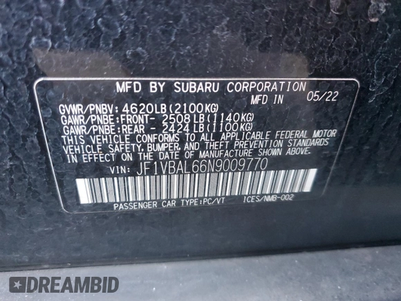 2022 Subaru WRX Limited with VIN JF1VBAL66N9009770, listed as a Copart auction lot 43307005 with 80,613 mi miles and Salvage Title. Bid and sale history available at carsss.com. Image 12.