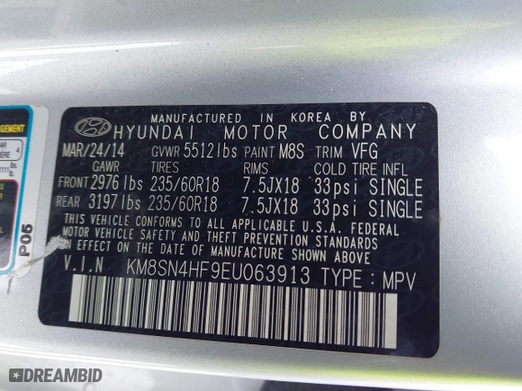 2014 Hyundai Santa Fe Limited with VIN KM8SN4HF9EU063913, listed as a IAAI auction lot 41603328 with 141,580 mi miles. Bid and sale history available at carsss.com. Image 9.