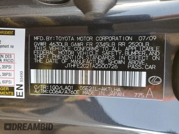 2010 Lexus IS 350 C z VIN JTHFE2C21A2500726, wystawiony jako Copart lot #85692954 z przebiegiem 29 038 mil mil oraz Nie do naprawy • Non repairable. Historia ofert i sprzedaży dostępna na DreamBid. Obrazek 15.