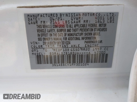 2021 Nissan Sentra SV with VIN 3N1AB8CV1MY301024, listed as a IAAI auction lot 41780498 with 65,033 mi miles and . Bid and sale history available at DreamBid. Image 9.
