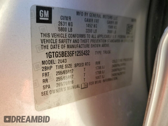 2015 GMC Canyon 2WD SLE with VIN 1GTG5BE36F1255432, listed as a Copart auction lot 48408125 with 95,778 mi miles and Clean Title. Bid and sale history available at DreamBid. Image 13.