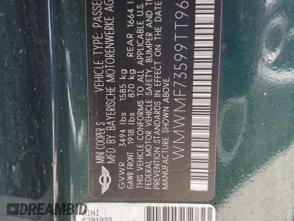 2009 MINI Hardtop S with VIN WMWMF73599TT96423, listed as a Copart auction lot 63913415 with 103,165 mi miles and Clean title. Bid and sale history available at DreamBid. Image 12.