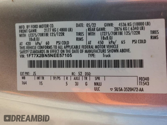 2022 Ford F-250 XL with VIN 1FT7X2BN5NEE57105, listed as a Copart auction lot 78022424 with 40,854 mi miles and Salvage Title. Bid and sale history available at DreamBid. Image 12.