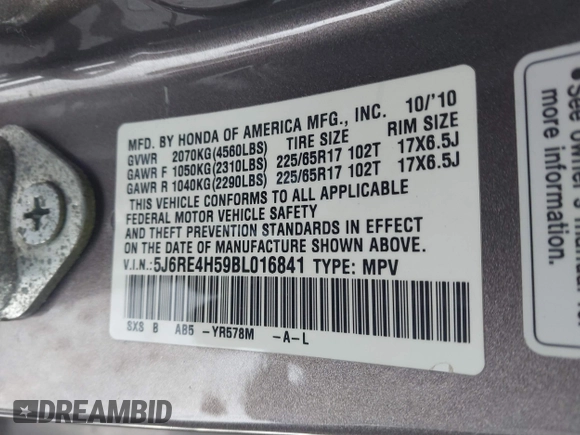 2011 Honda CR-V EX with VIN 5J6RE4H59BL016841, listed as a IAAI auction lot 41597057 with 131,495 mi miles and . Bid and sale history available at carsss.com. Image 9.