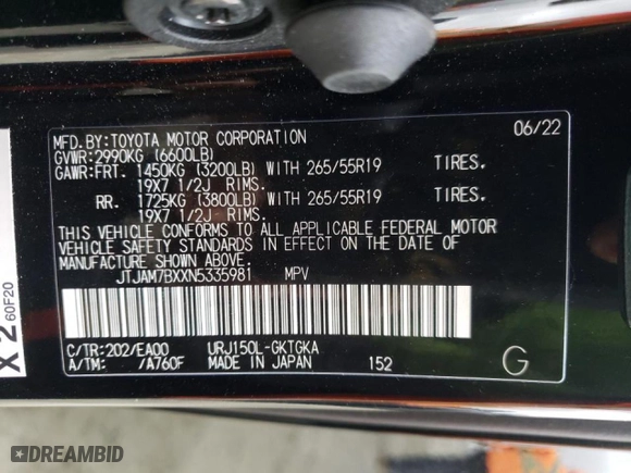 2022 Lexus GX with VIN JTJAM7BXXN5335981, listed as a Copart auction lot 66738332 with 1,868 mi miles. Bid and sale history available at carsss.com. Image 10.
