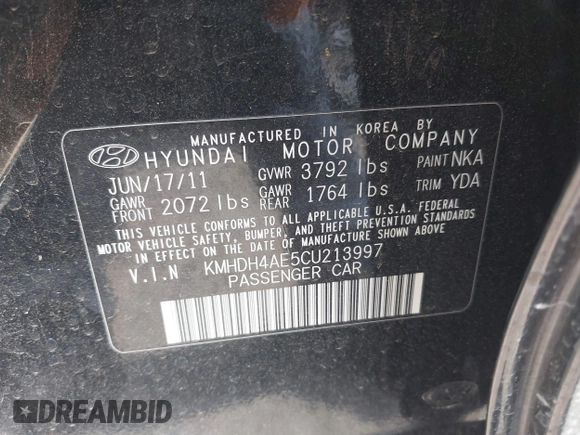 2012 Hyundai Elantra Limited with VIN KMHDH4AE5CU213997, listed as a IAAI auction lot 41881245 with 167,998 mi miles. Bid and sale history available at carsss.com. Image 9.