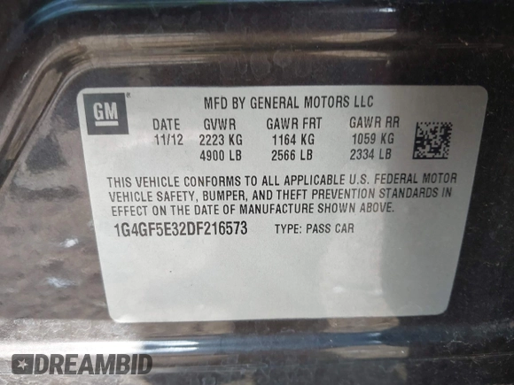 2013 Buick LaCrosse Premium 1 with VIN 1G4GF5E32DF216573, listed as a IAAI auction lot 42138481 with 187,214 mi miles and . Bid and sale history available at DreamBid. Image 9.