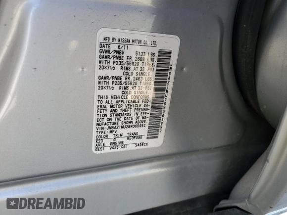 2011 Nissan Murano LE z VIN JN8AZ1MU2BW065952, wystawiony jako Copart lot #48675155 z przebiegiem 135 483 mil mil oraz Szkoda całkowita • Salvage title. Historia ofert i sprzedaży dostępna na DreamBid. Obrazek 15.