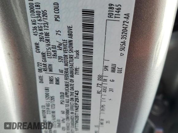 2022 Ford F-250 XL z VIN 1FT7W2BT1NEF29743, wystawiony jako Copart lot #57487725 z przebiegiem 69 686 mil mil oraz Szkoda całkowita • Salvage title. Historia ofert i sprzedaży dostępna na DreamBid. Obrazek 13.