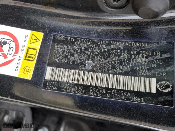 2016 Lexus ES 350 with VIN 58ABK1GG4GU016947, listed as a Copart auction lot 88238655 with 169,914 mi miles and Salvage Title. Bid and sale history available at carsss.com. Image 12.