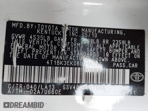 2011 Toyota Camry LE with VIN 4T1BK3EK0BU614245, listed as a IAAI auction lot 41850175 with 267,618 mi miles. Bid and sale history available at carsss.com. Image 9.