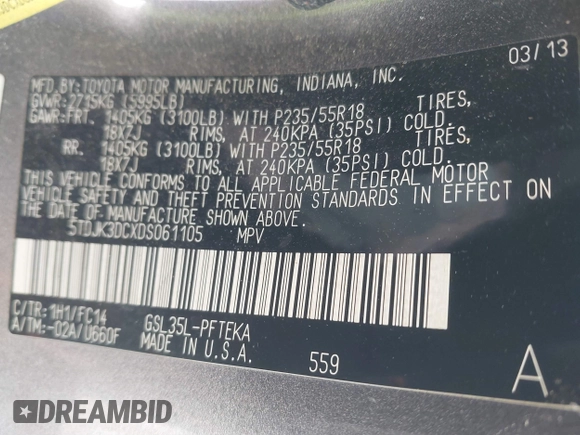 2013 Toyota Sienna LE with VIN 5TDJK3DCXDS061105, listed as a IAAI auction lot 41363922 with 163,231 mi miles and . Bid and sale history available at DreamBid. Image 9.