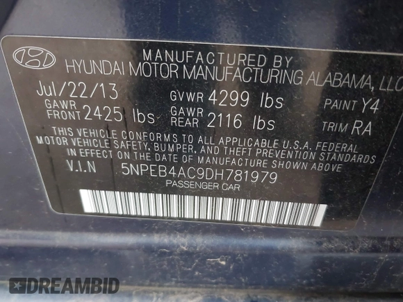 2013 Hyundai Sonata GLS with VIN 5NPEB4AC9DH781979, listed as a IAAI auction lot 42195958 with 138,628 mi miles and . Bid and sale history available at carsss.com. Image 9.