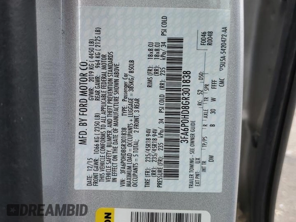 2016 Ford Fusion SE with VIN 3FA6P0HD8GR301838, listed as a Copart auction lot 51279495 with 111,050 mi miles and Salvage Title. Bid and sale history available at carsss.com. Image 14.