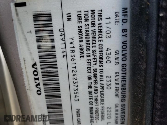 2004 Volvo S60 with VIN YV1RS61T242373543, listed as a Copart auction lot 61378164 with 121,430 mi miles and Salvage Title. Bid and sale history available at carsss.com. Image 12.