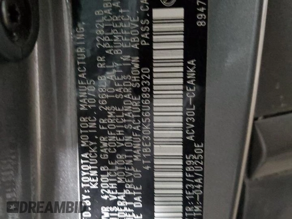 2006 Toyota Camry STD with VIN 4T1BE30K56U689320, listed as a Copart auction lot 53637445 with 181,121 mi miles and Salvage Title. Bid and sale history available at DreamBid. Image 13.