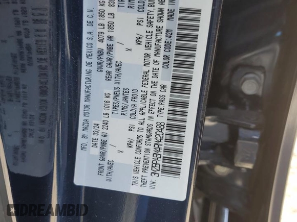 2024 Mazda 3 S Select Sport with VIN 3MZBPABM4RM420488, listed as a Copart auction lot 55790045 with 12,880 mi miles and Salvage Title. Bid and sale history available at DreamBid. Image 13.